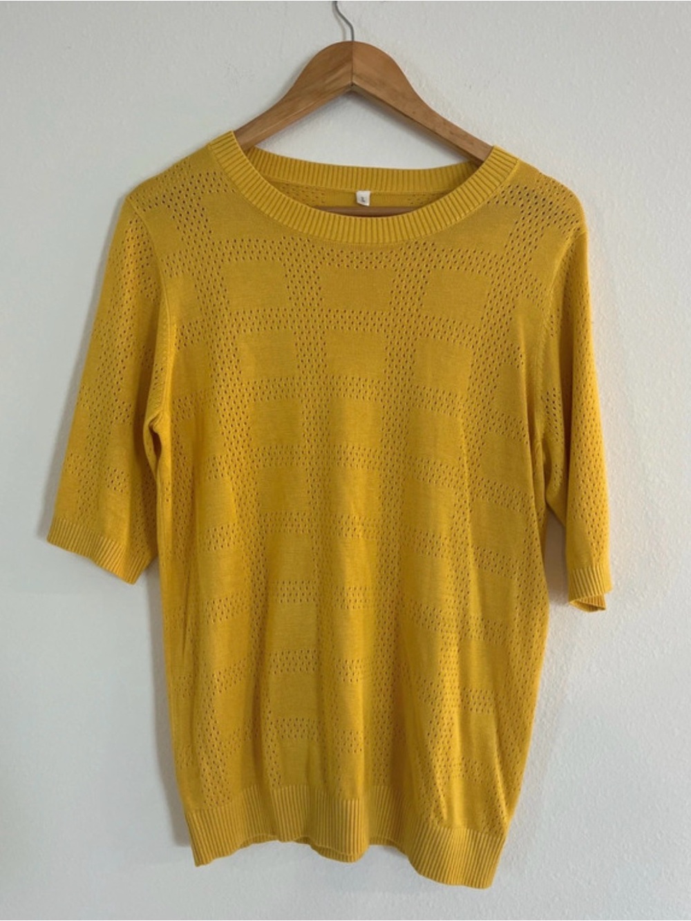Boutique Yellow Knit Perforated Short Sleeve Top